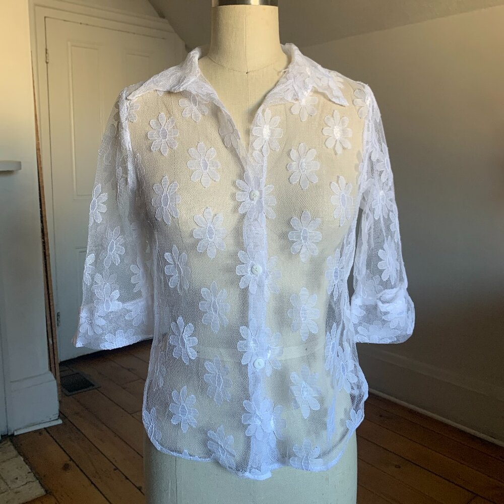 Vintage In Charge White Floral Daisy Lace Button Up Blouse Sheer Collared Shirt